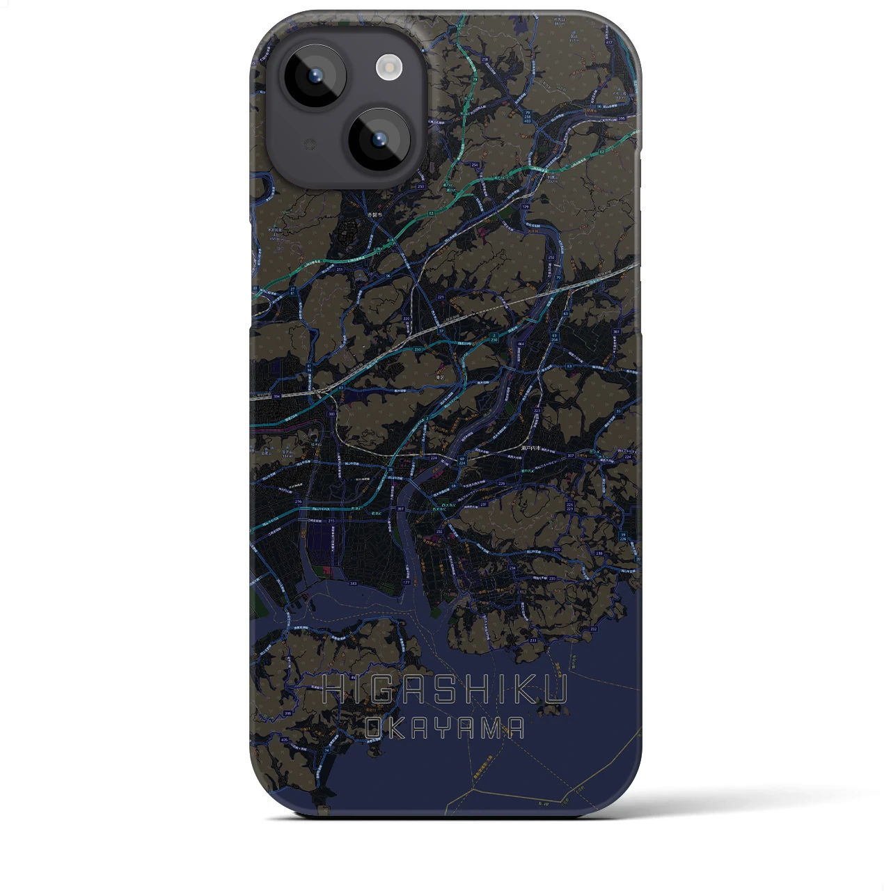 【東区（岡山市）】地図柄iPhoneケース（バックカバータイプ・ブラック）iPhone 14 Plus 用