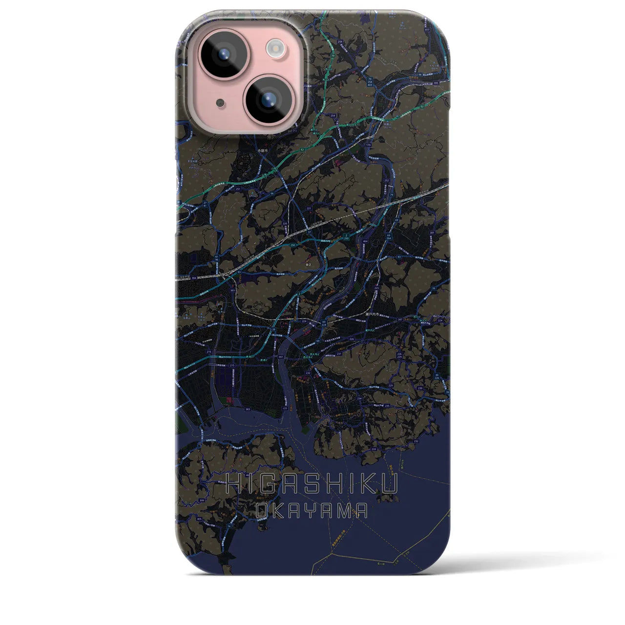 【東区（岡山市）】地図柄iPhoneケース（バックカバータイプ・ブラック）iPhone 15 Plus 用