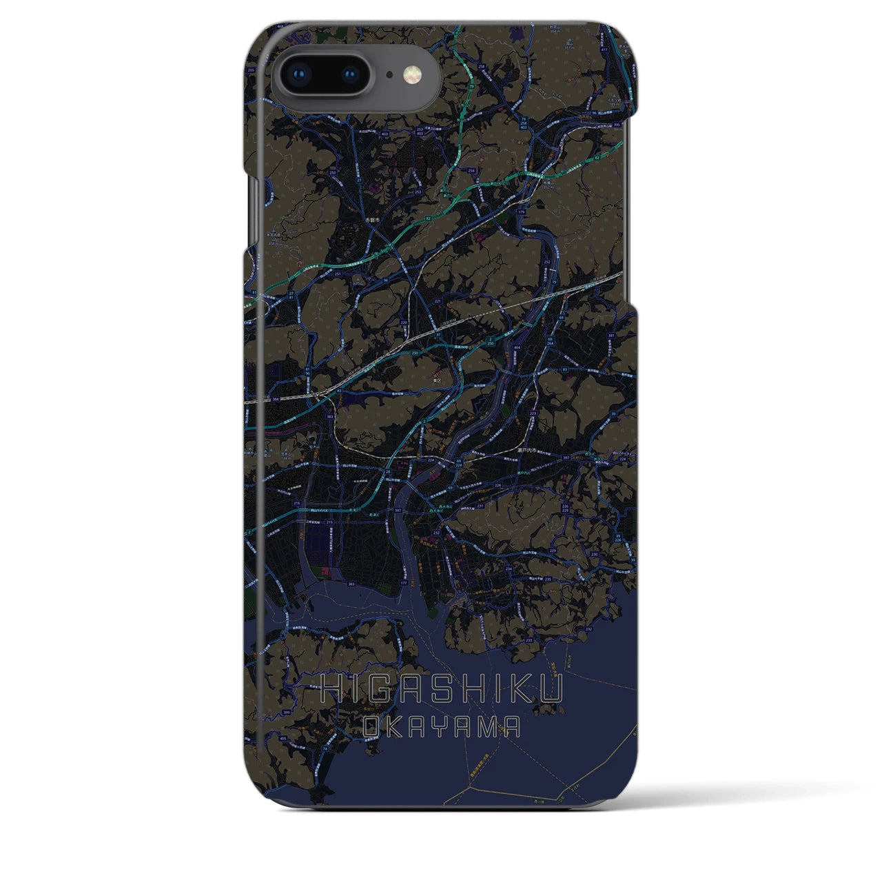 【東区（岡山市）】地図柄iPhoneケース（バックカバータイプ・ブラック）iPhone 8Plus /7Plus / 6sPlus / 6Plus 用