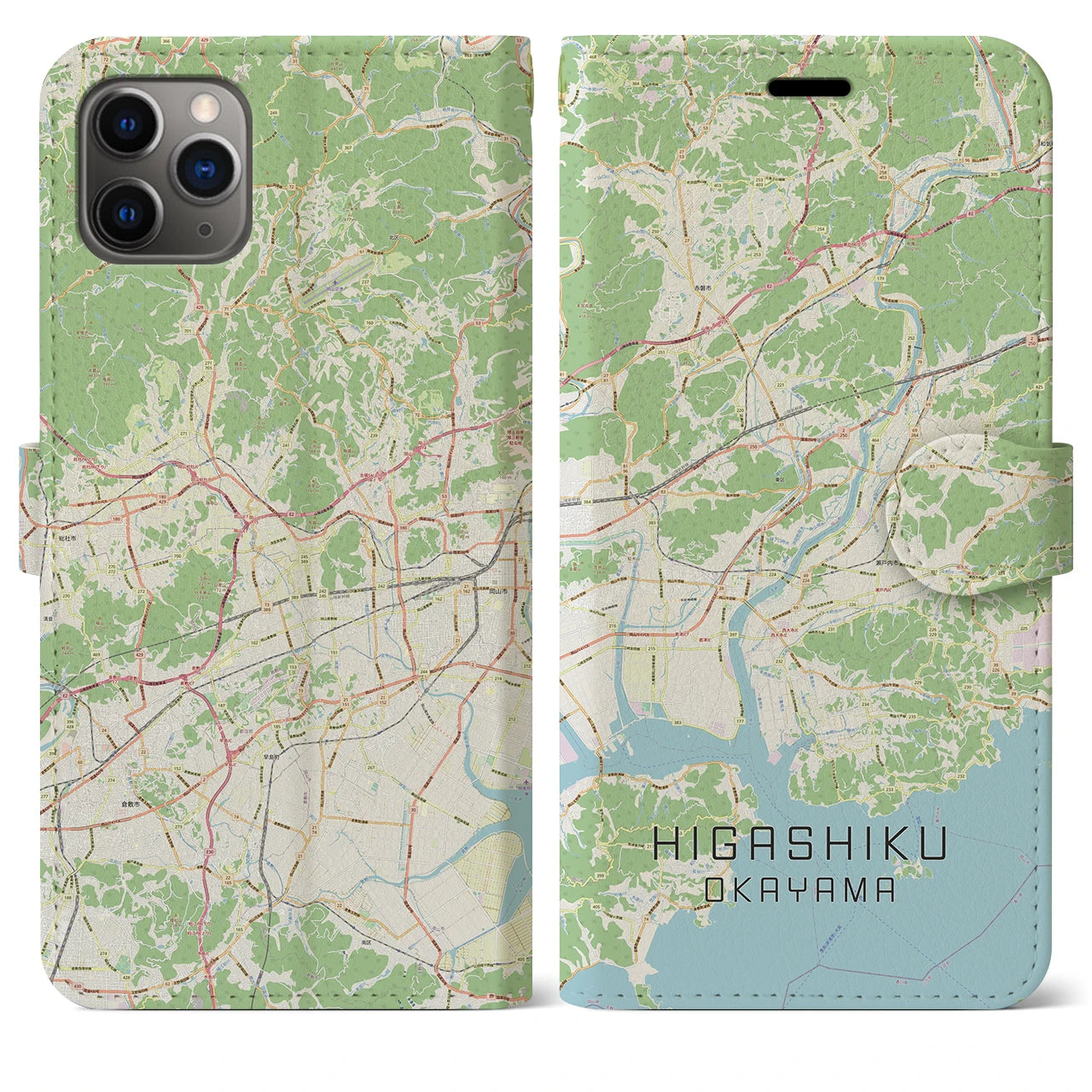 【東区（岡山市）】地図柄iPhoneケース（手帳両面タイプ・ナチュラル）iPhone 11 Pro Max 用