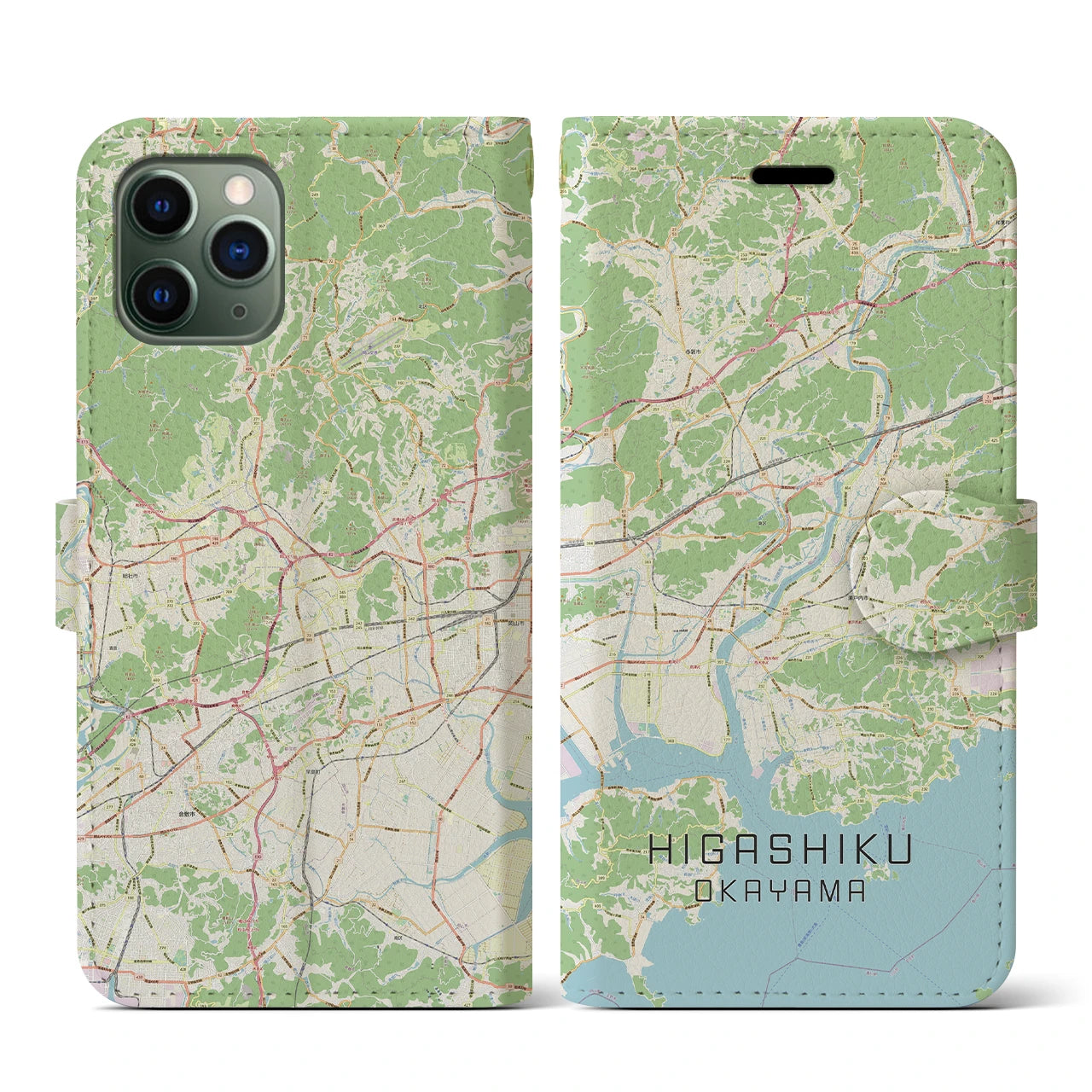 【東区（岡山市）】地図柄iPhoneケース（手帳両面タイプ・ナチュラル）iPhone 11 Pro 用