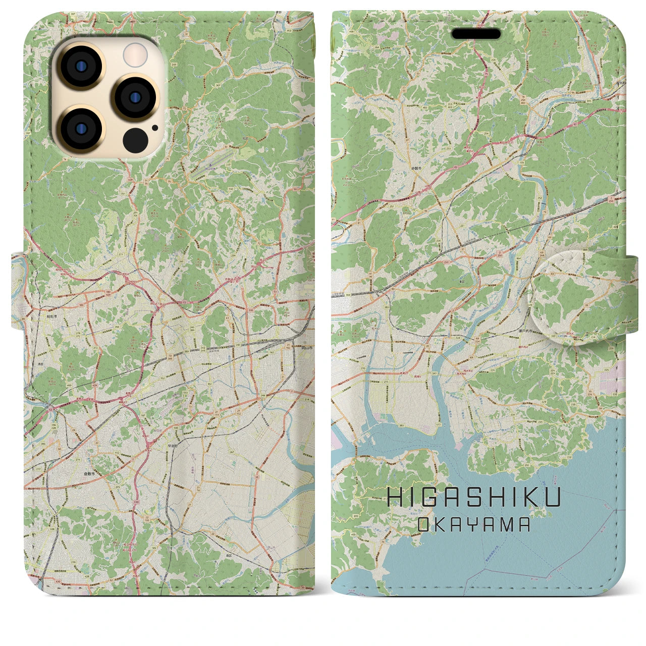 【東区（岡山市）】地図柄iPhoneケース（手帳両面タイプ・ナチュラル）iPhone 12 Pro Max 用