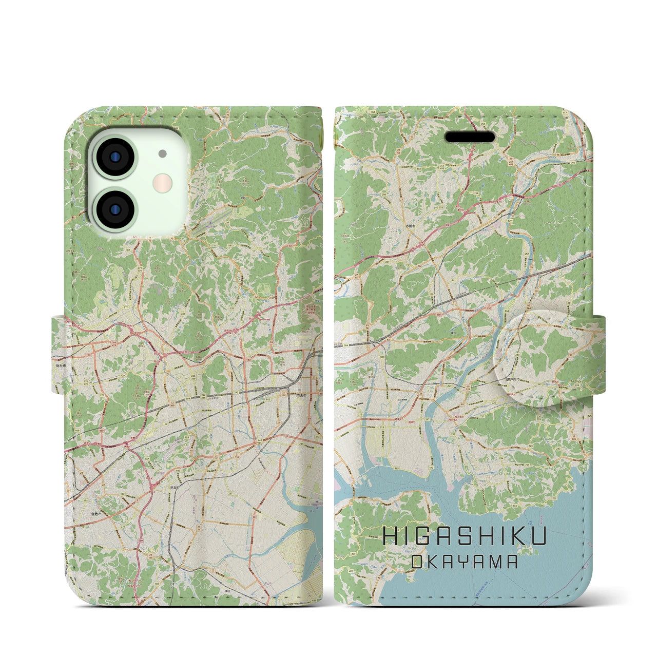 【東区（岡山市）】地図柄iPhoneケース（手帳両面タイプ・ナチュラル）iPhone 12 mini 用