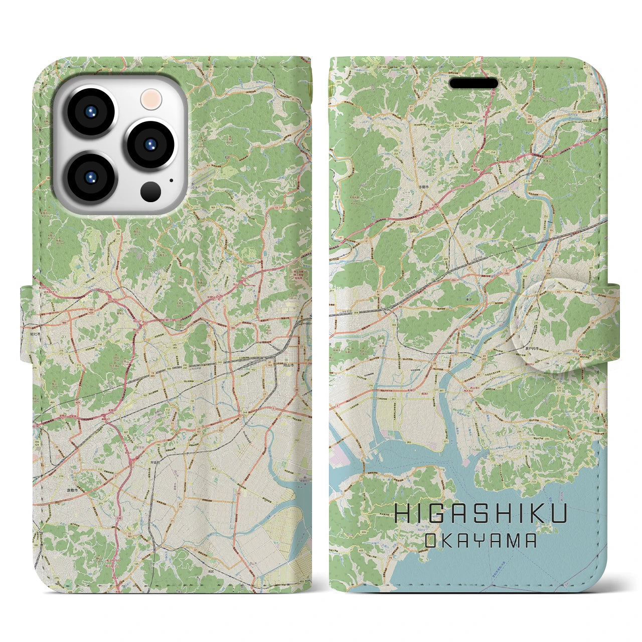【東区（岡山市）】地図柄iPhoneケース（手帳両面タイプ・ナチュラル）iPhone 13 Pro 用