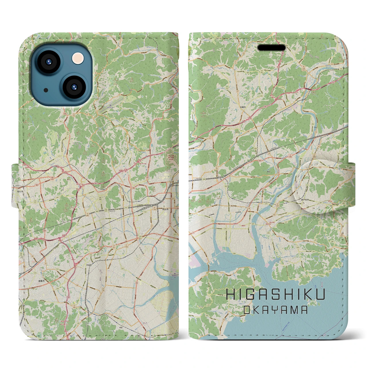 【東区（岡山市）】地図柄iPhoneケース（手帳両面タイプ・ナチュラル）iPhone 13 用