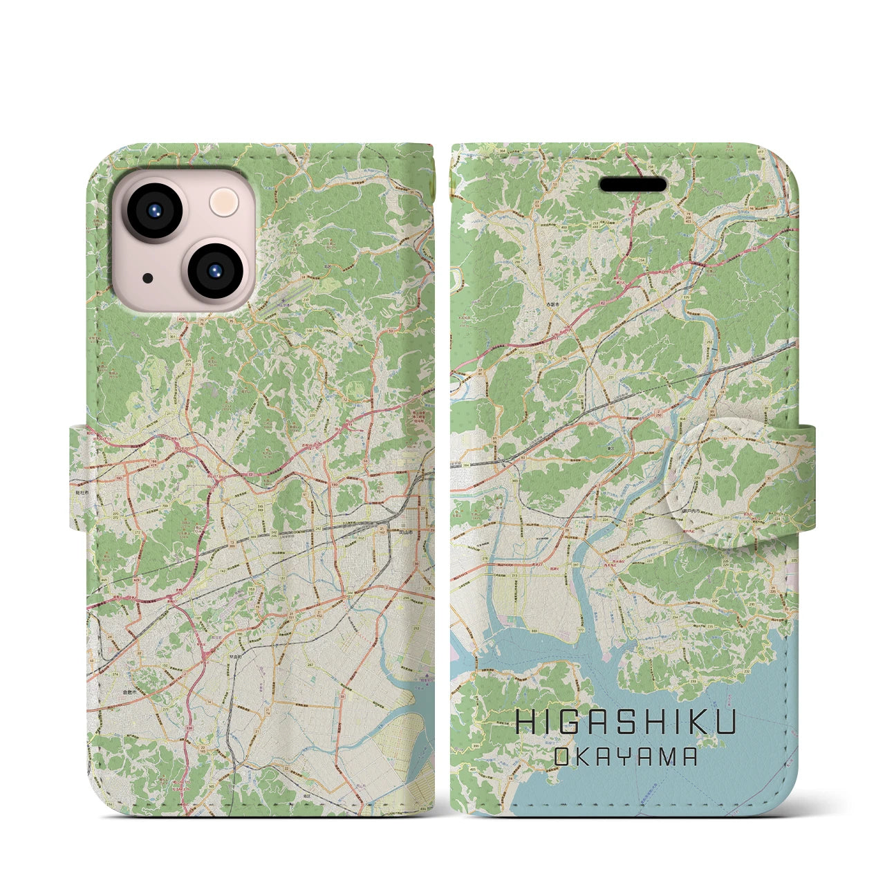 【東区（岡山市）】地図柄iPhoneケース（手帳両面タイプ・ナチュラル）iPhone 13 mini 用