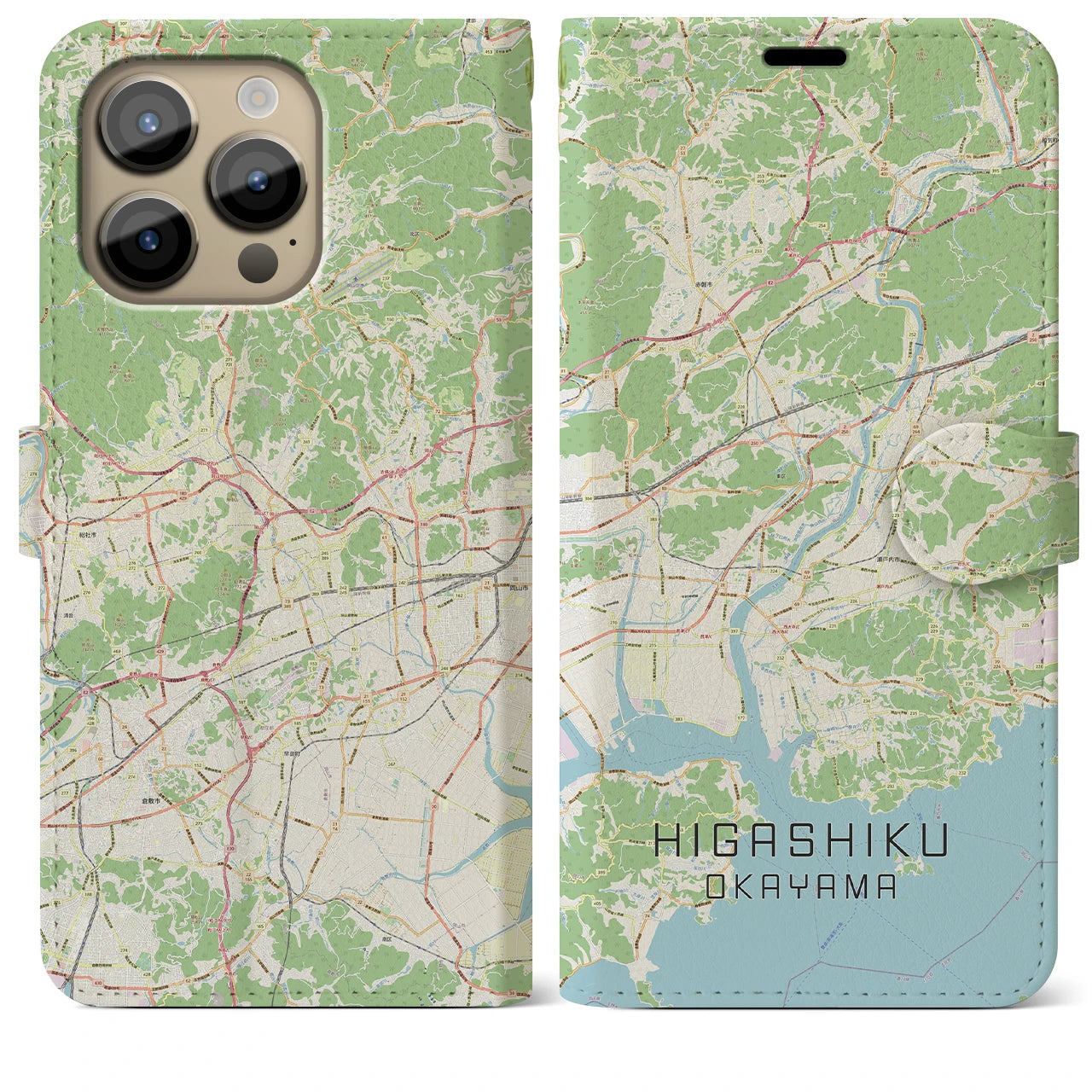 【東区（岡山市）】地図柄iPhoneケース（手帳両面タイプ・ナチュラル）iPhone 14 Pro Max 用