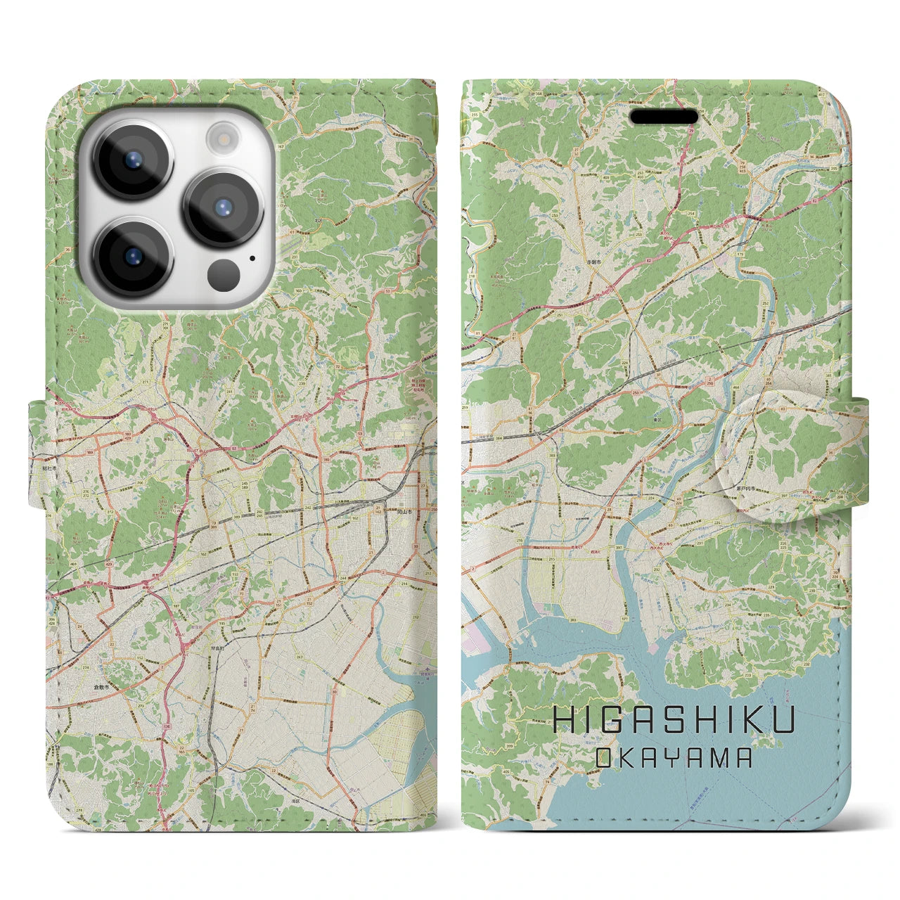 【東区（岡山市）】地図柄iPhoneケース（手帳両面タイプ・ナチュラル）iPhone 14 Pro 用