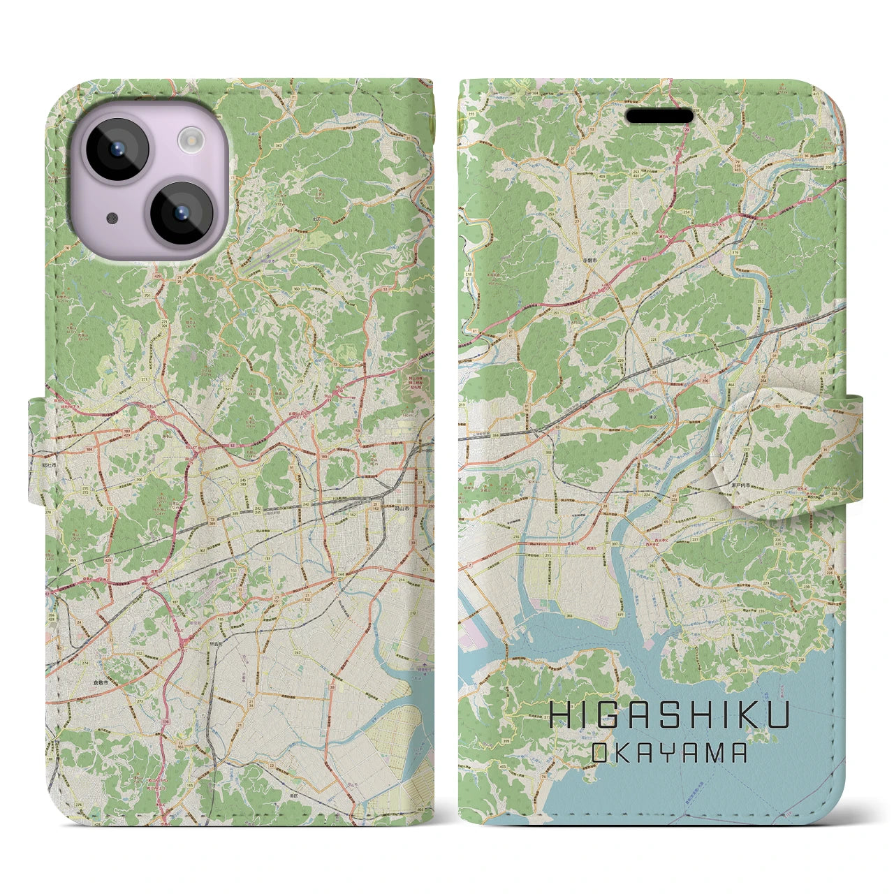 【東区（岡山市）】地図柄iPhoneケース（手帳両面タイプ・ナチュラル）iPhone 14 用
