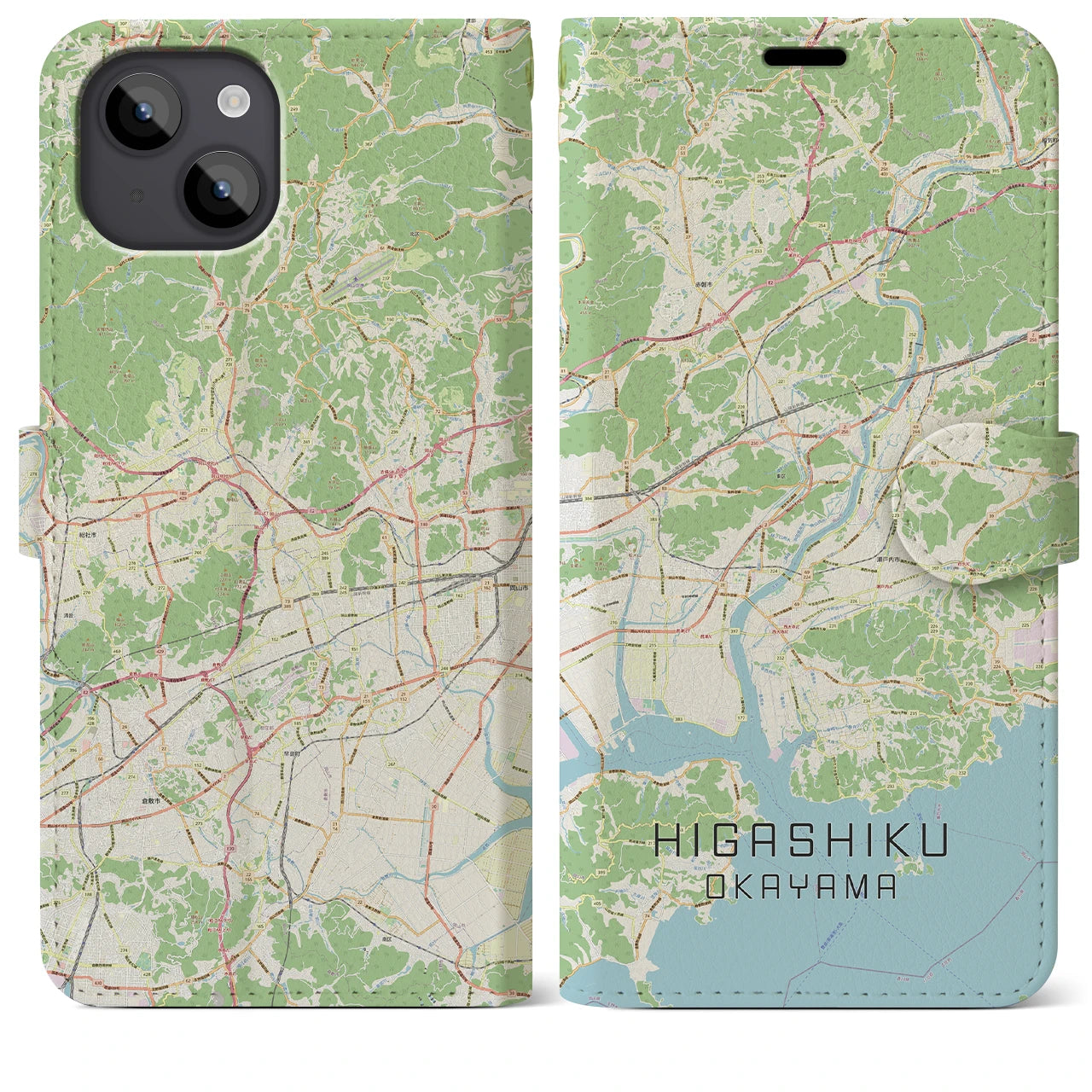 【東区（岡山市）】地図柄iPhoneケース（手帳両面タイプ・ナチュラル）iPhone 14 Plus 用