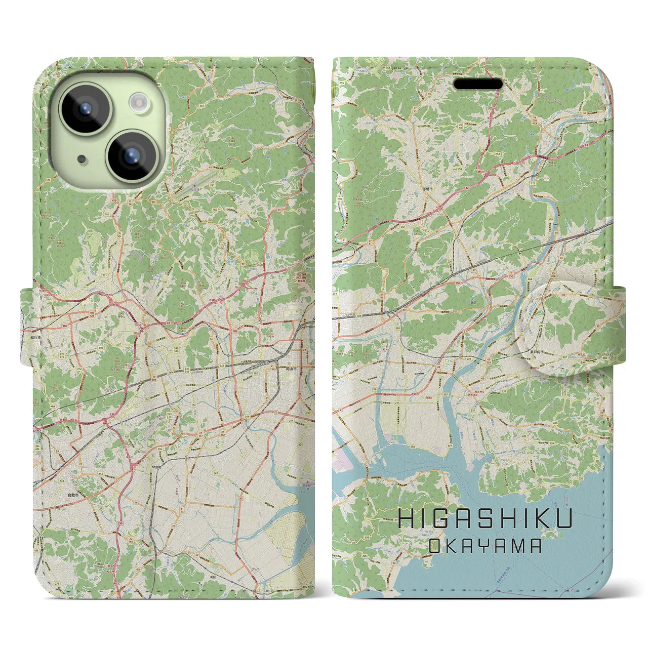 【東区（岡山市）】地図柄iPhoneケース（手帳両面タイプ・ナチュラル）iPhone 15 用