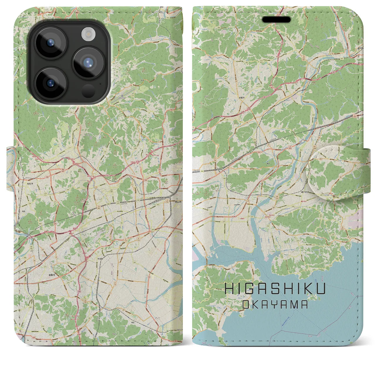 【東区（岡山市）】地図柄iPhoneケース（手帳両面タイプ・ナチュラル）iPhone 15 Pro Max 用