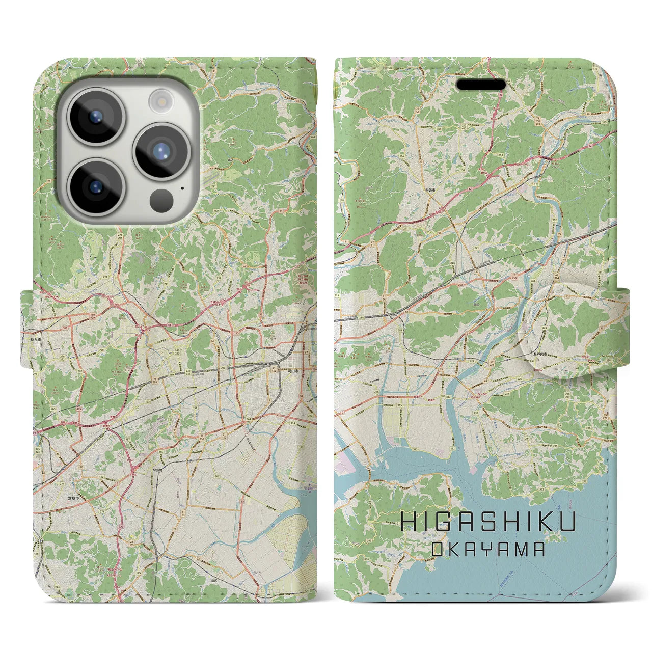 【東区（岡山市）】地図柄iPhoneケース（手帳両面タイプ・ナチュラル）iPhone 15 Pro 用