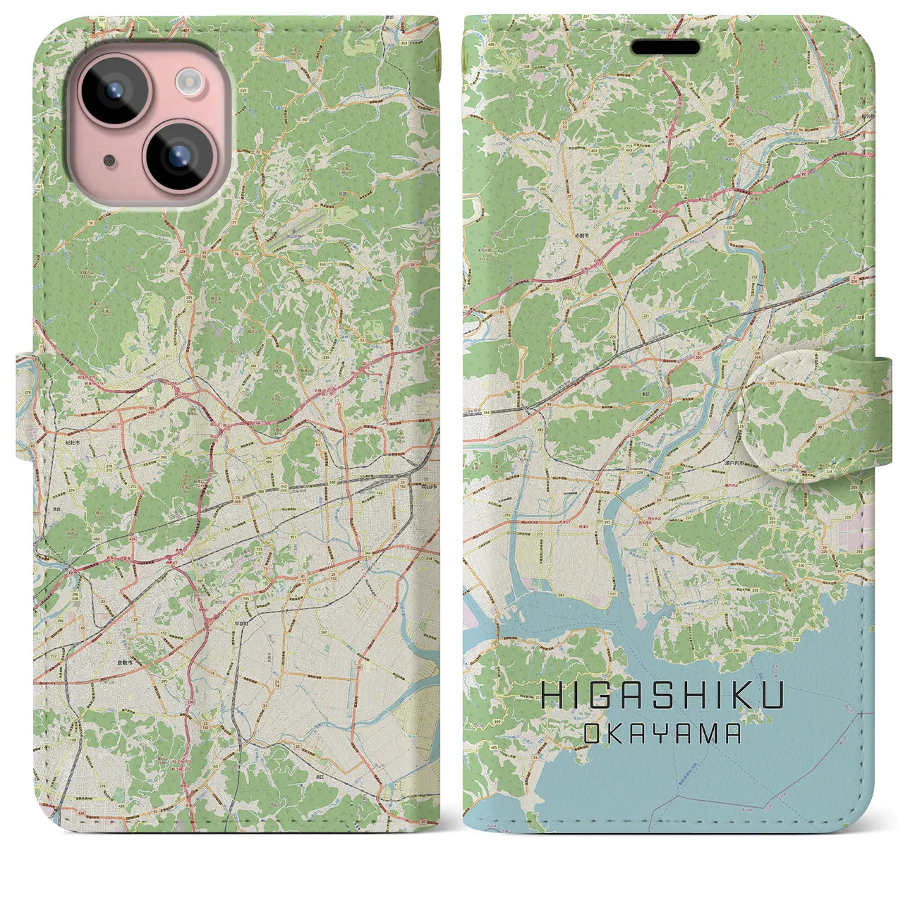 【東区（岡山市）】地図柄iPhoneケース（手帳両面タイプ・ナチュラル）iPhone 15 Plus 用