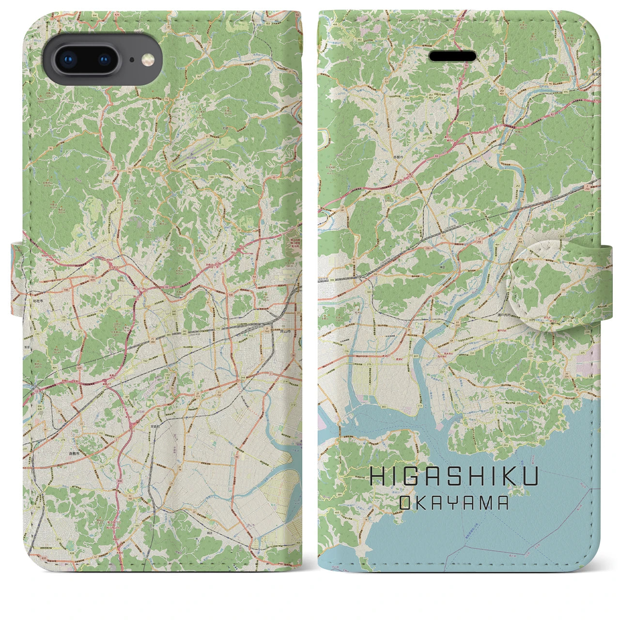 【東区（岡山市）】地図柄iPhoneケース（手帳両面タイプ・ナチュラル）iPhone 8Plus /7Plus / 6sPlus / 6Plus 用