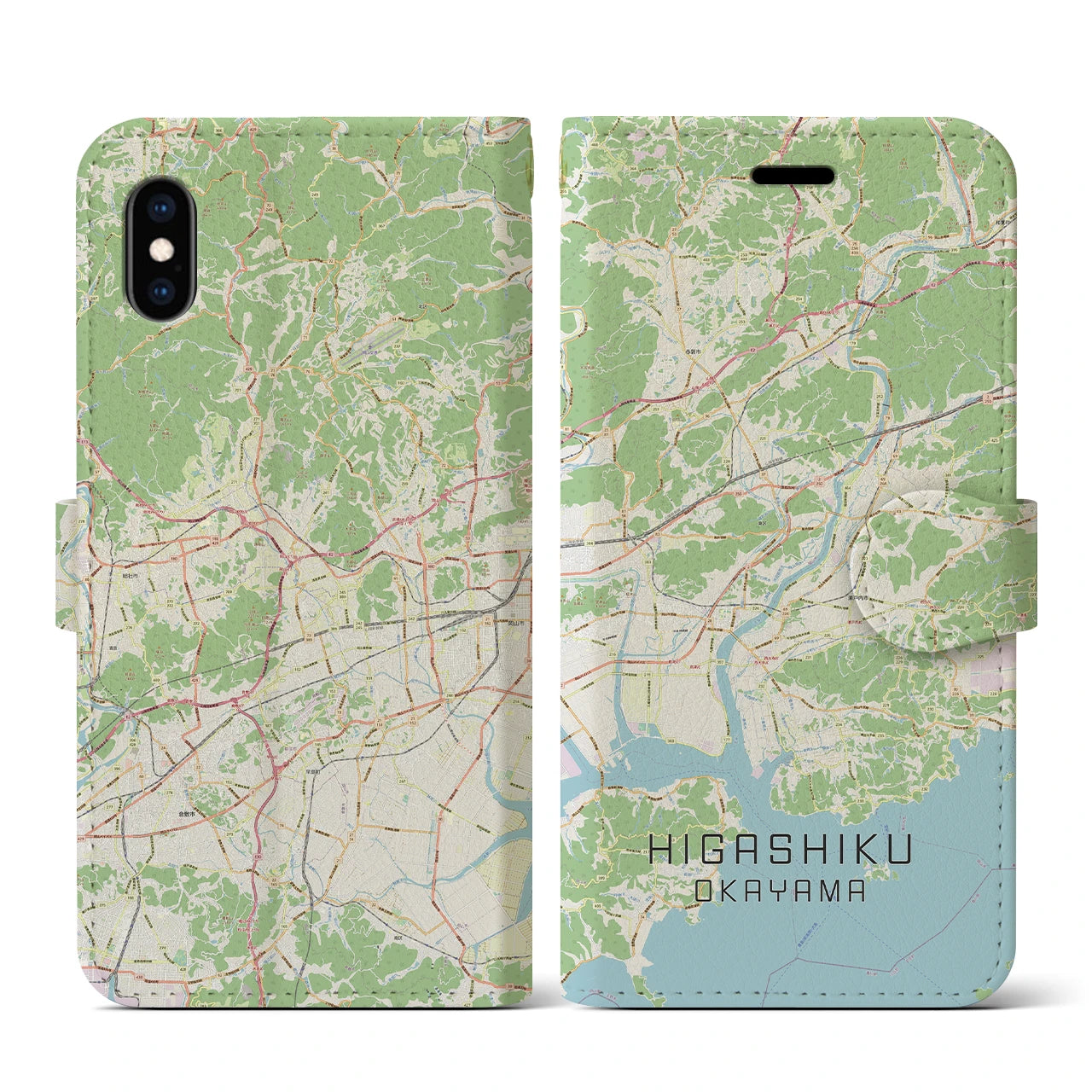 【東区（岡山市）】地図柄iPhoneケース（手帳両面タイプ・ナチュラル）iPhone XS / X 用
