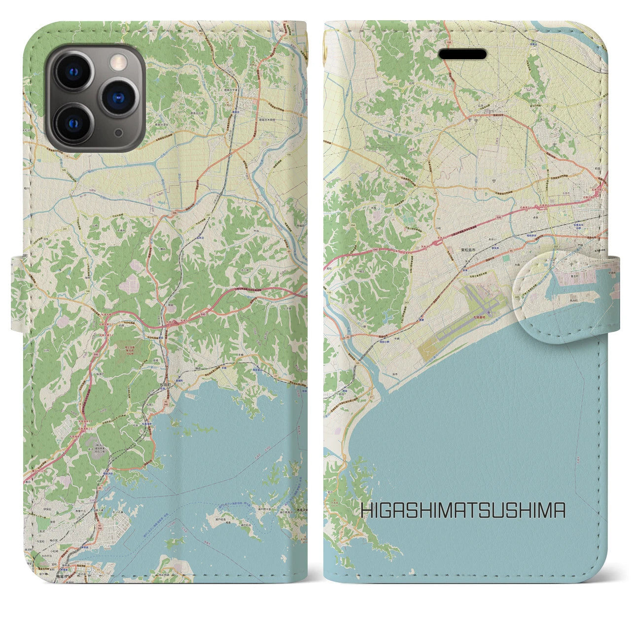 【東松島】地図柄iPhoneケース（手帳両面タイプ・ナチュラル）iPhone 11 Pro Max 用