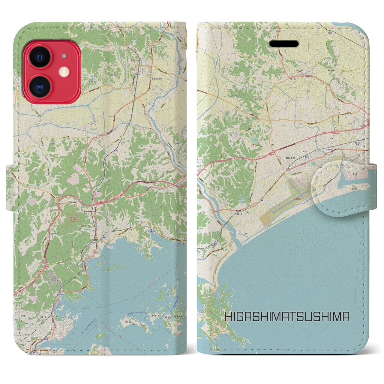 【東松島】地図柄iPhoneケース（手帳両面タイプ・ナチュラル）iPhone 11 用