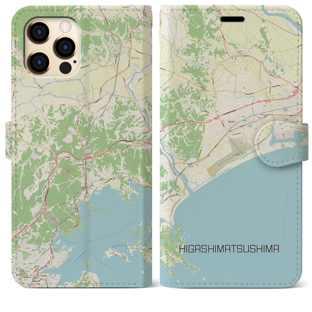 【東松島】地図柄iPhoneケース（手帳両面タイプ・ナチュラル）iPhone 12 Pro Max 用