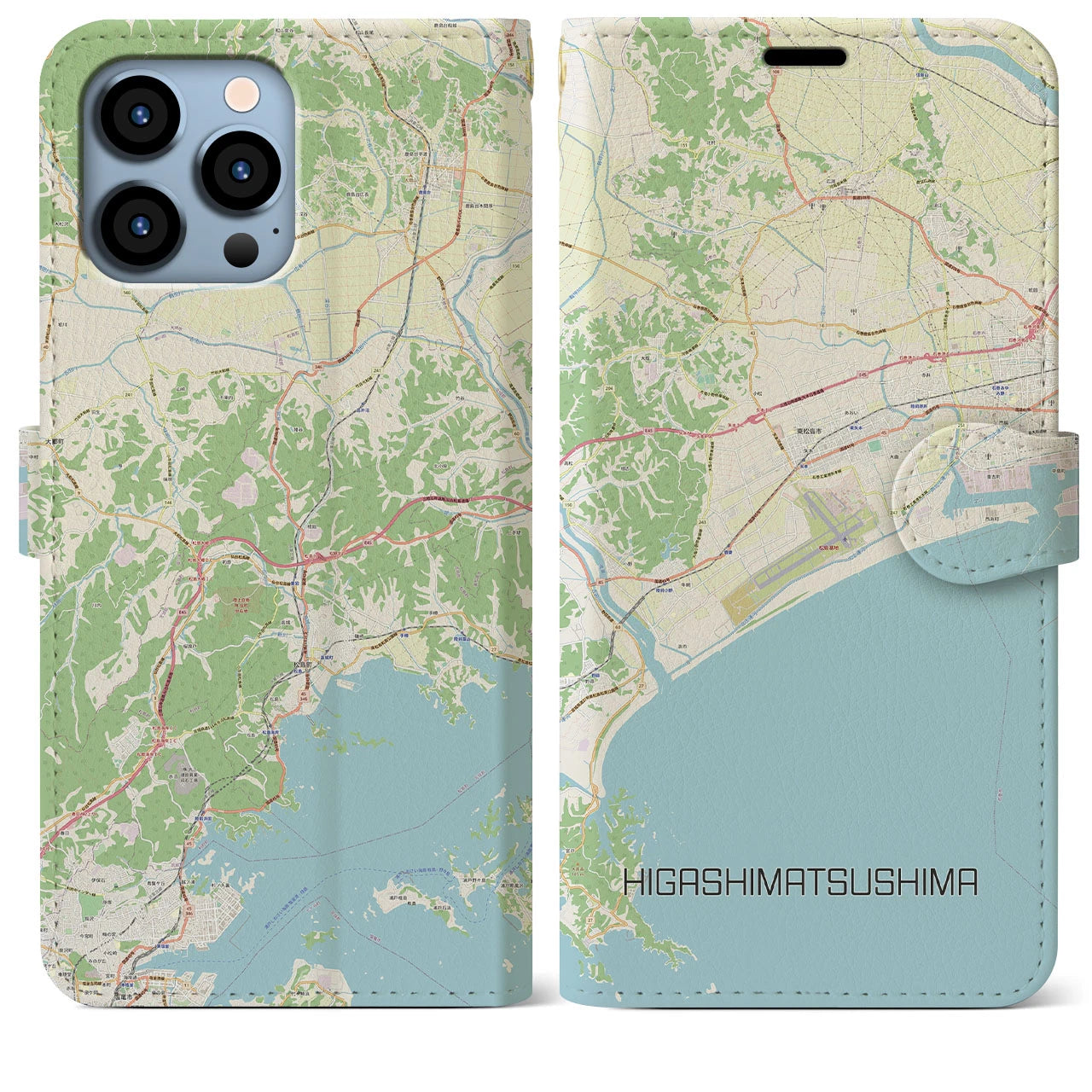 【東松島】地図柄iPhoneケース（手帳両面タイプ・ナチュラル）iPhone 13 Pro Max 用