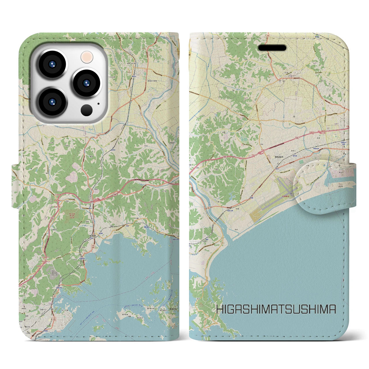 【東松島】地図柄iPhoneケース（手帳両面タイプ・ナチュラル）iPhone 13 Pro 用