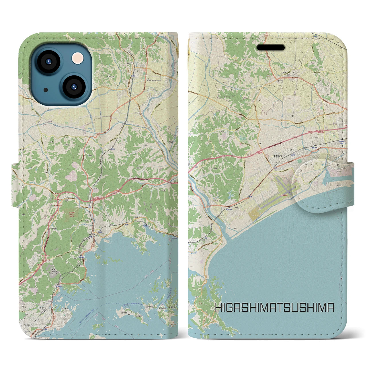 【東松島】地図柄iPhoneケース（手帳両面タイプ・ナチュラル）iPhone 13 用