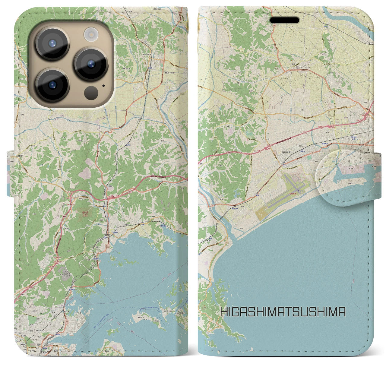 【東松島】地図柄iPhoneケース（手帳両面タイプ・ナチュラル）iPhone 14 Pro Max 用