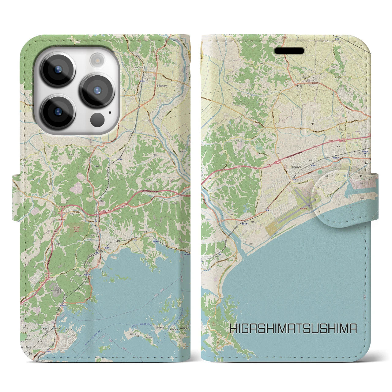 【東松島】地図柄iPhoneケース（手帳両面タイプ・ナチュラル）iPhone 14 Pro 用