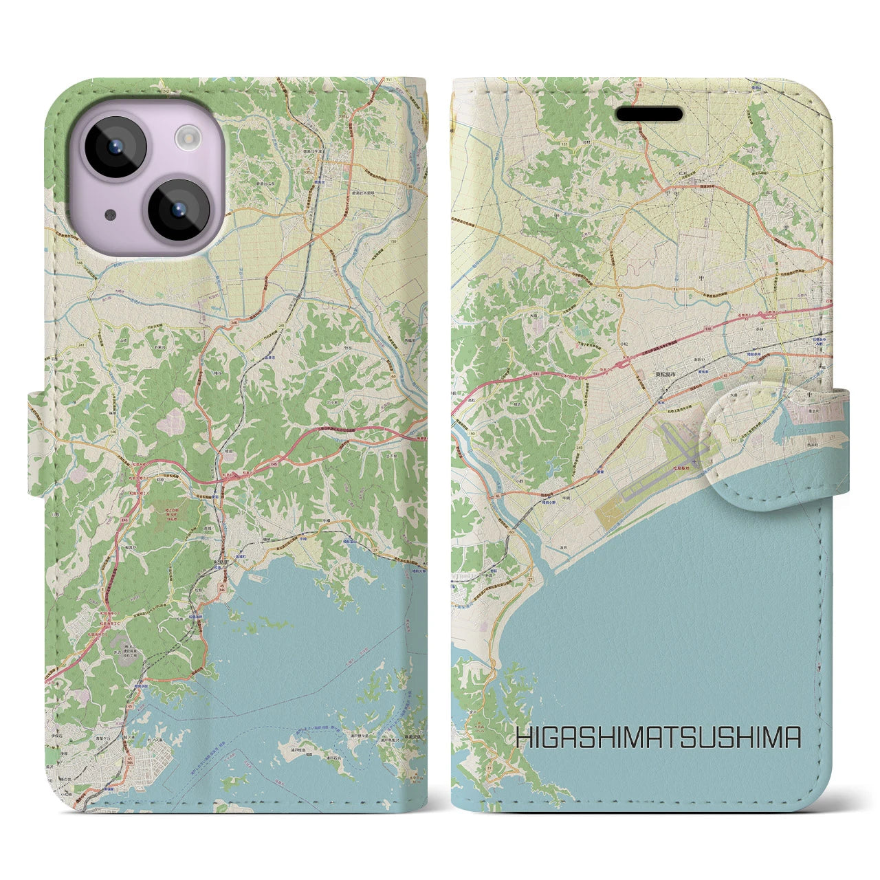 【東松島】地図柄iPhoneケース（手帳両面タイプ・ナチュラル）iPhone 14 用