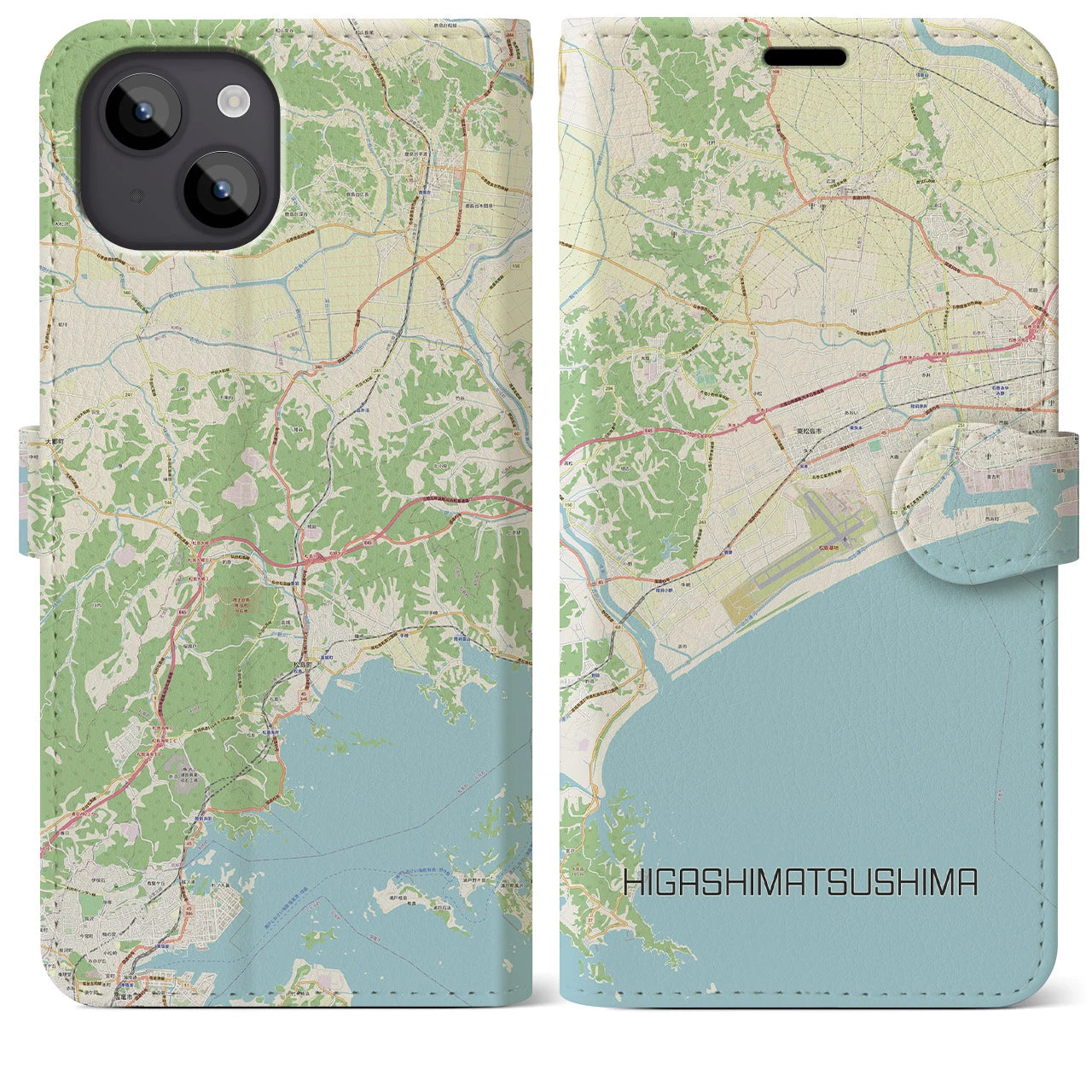 【東松島】地図柄iPhoneケース（手帳両面タイプ・ナチュラル）iPhone 14 Plus 用
