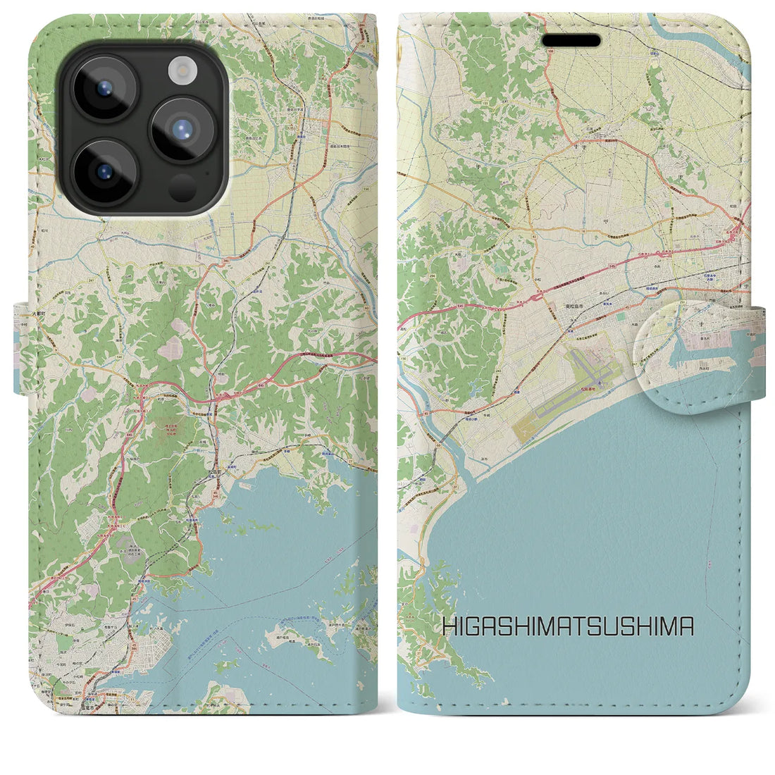 【東松島】地図柄iPhoneケース（手帳両面タイプ・ナチュラル）iPhone 15 Pro Max 用