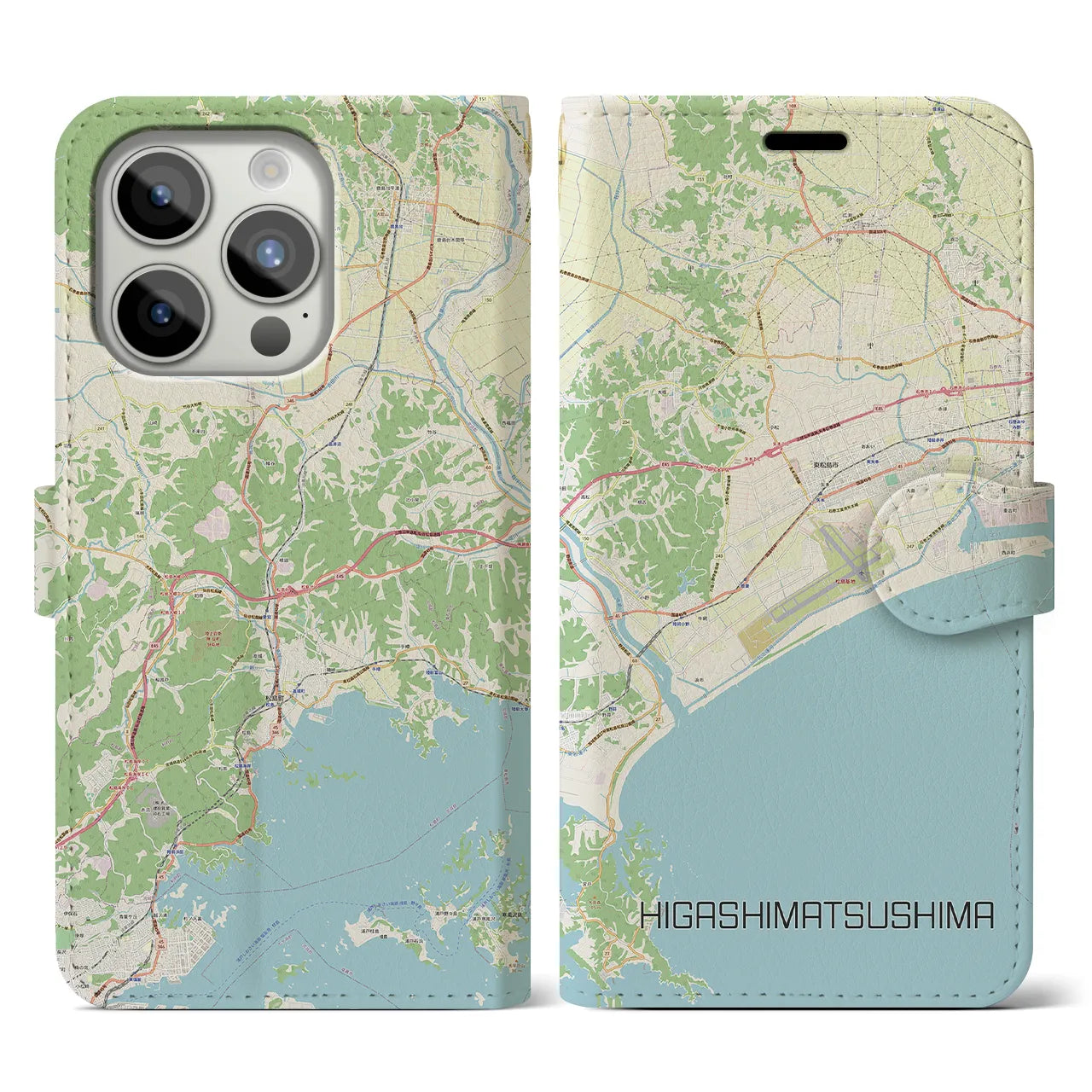【東松島】地図柄iPhoneケース（手帳両面タイプ・ナチュラル）iPhone 15 Pro 用