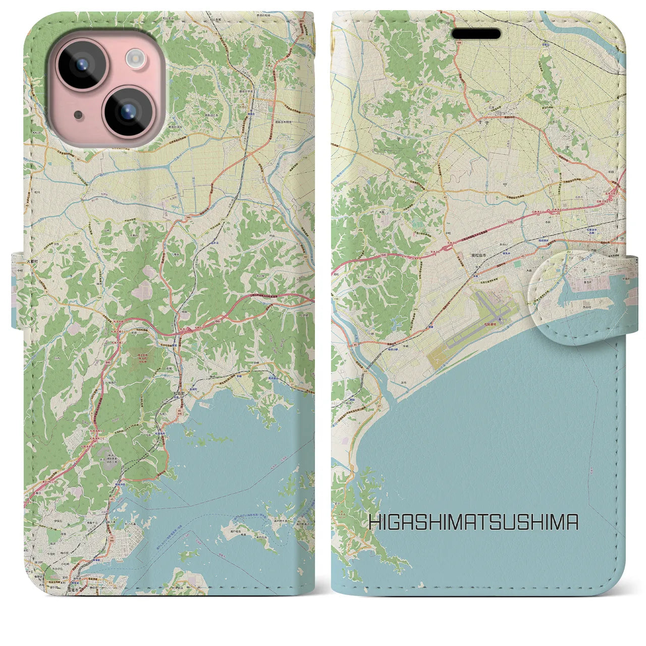 【東松島】地図柄iPhoneケース（手帳両面タイプ・ナチュラル）iPhone 15 Plus 用