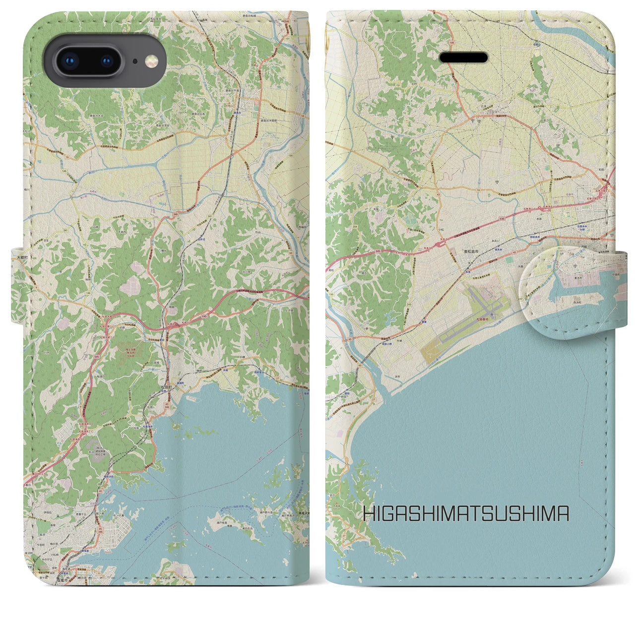 【東松島】地図柄iPhoneケース（手帳両面タイプ・ナチュラル）iPhone 8Plus /7Plus / 6sPlus / 6Plus 用