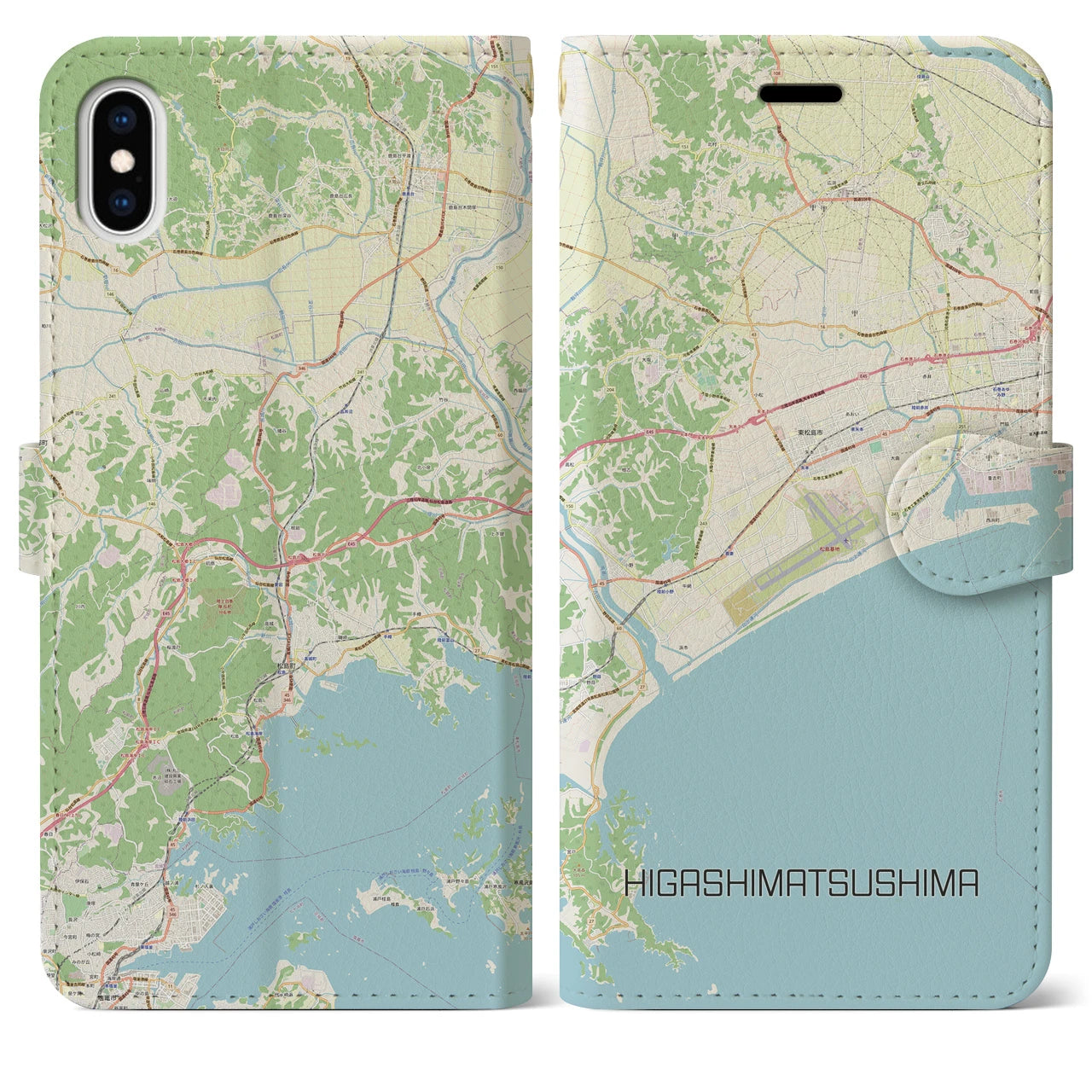 【東松島】地図柄iPhoneケース（手帳両面タイプ・ナチュラル）iPhone XS Max 用
