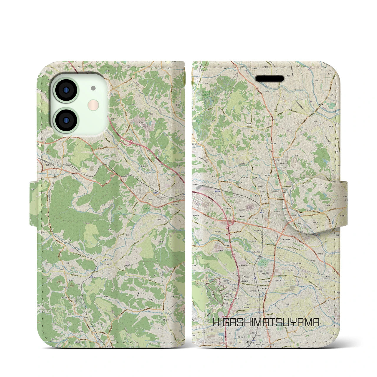 【東松山】地図柄iPhoneケース（手帳両面タイプ・ナチュラル）iPhone 12 mini 用