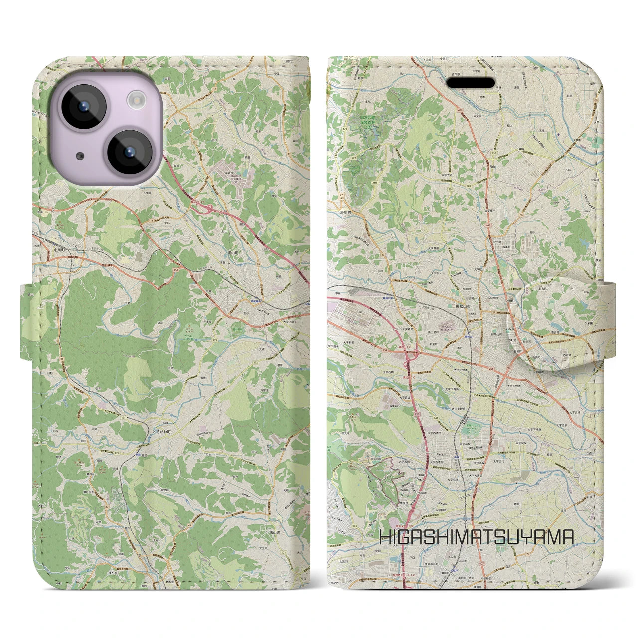 【東松山】地図柄iPhoneケース（手帳両面タイプ・ナチュラル）iPhone 14 用