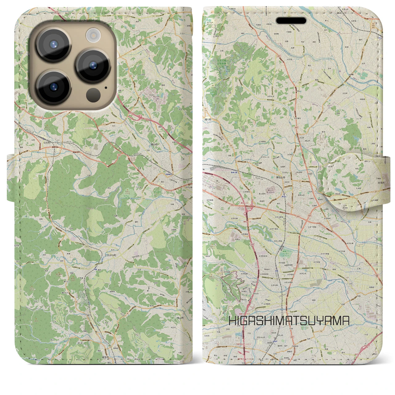【東松山】地図柄iPhoneケース（手帳両面タイプ・ナチュラル）iPhone 14 Pro Max 用