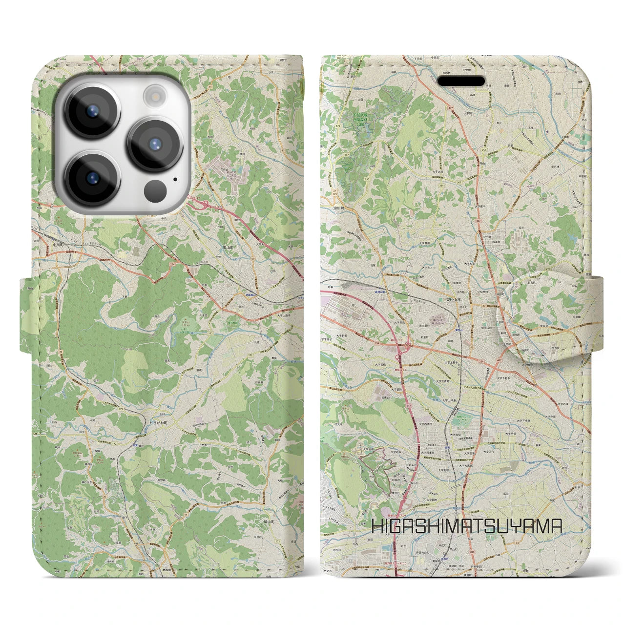 【東松山】地図柄iPhoneケース（手帳両面タイプ・ナチュラル）iPhone 14 Pro 用