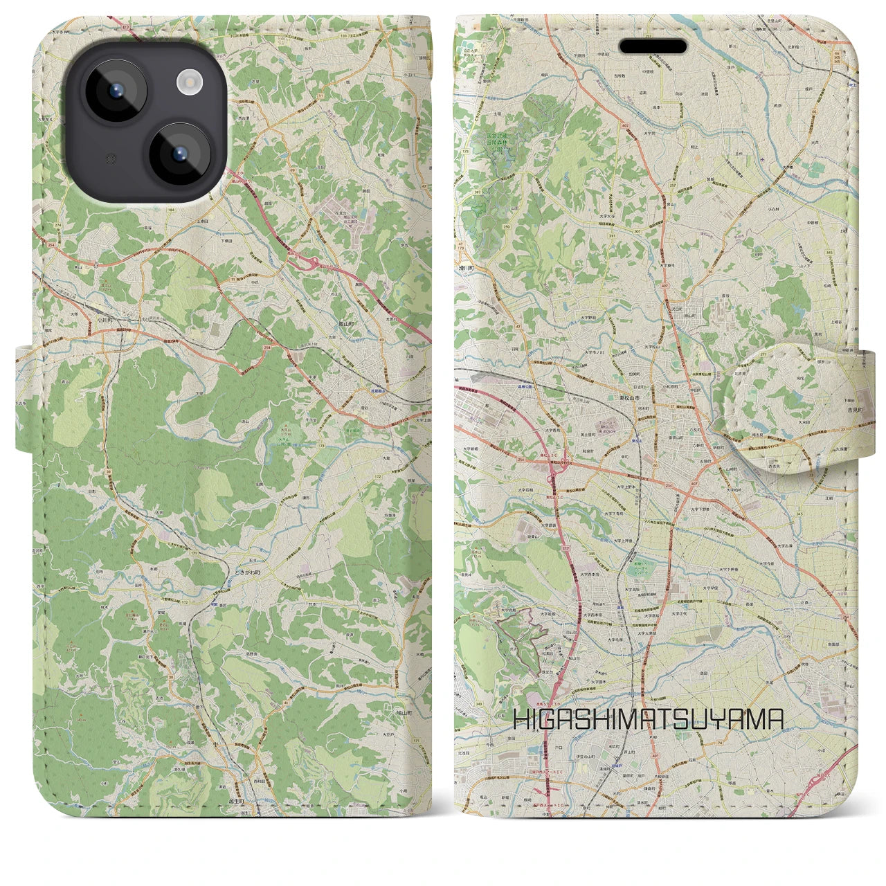 【東松山】地図柄iPhoneケース（手帳両面タイプ・ナチュラル）iPhone 14 Plus 用