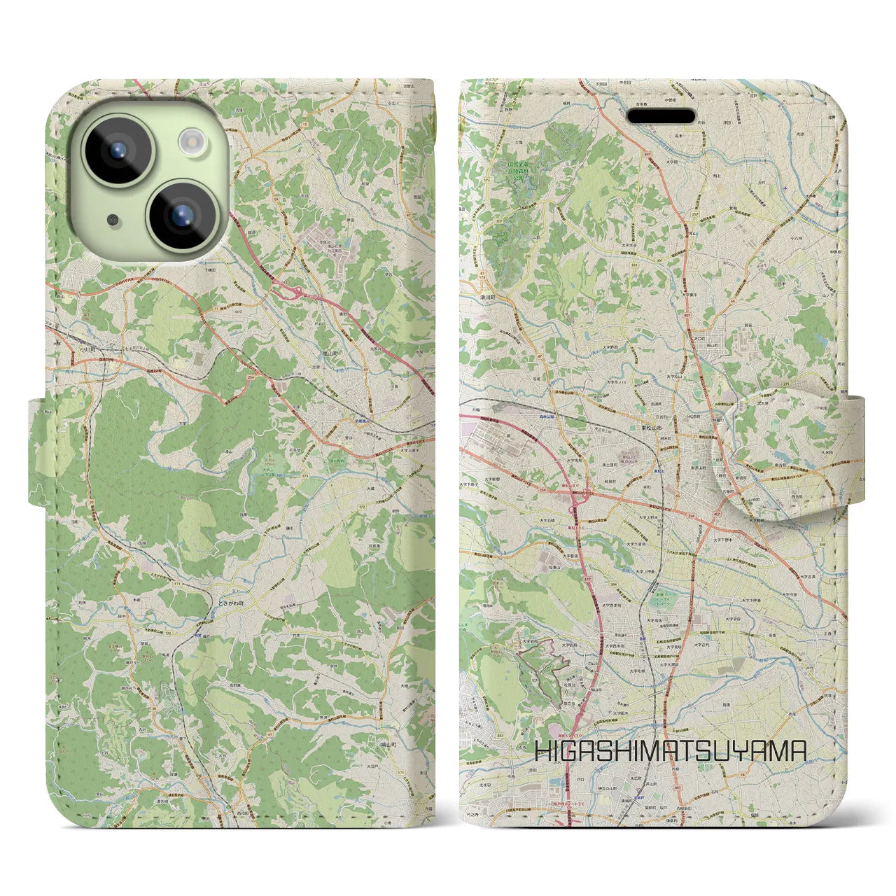 【東松山】地図柄iPhoneケース（手帳両面タイプ・ナチュラル）iPhone 15 用