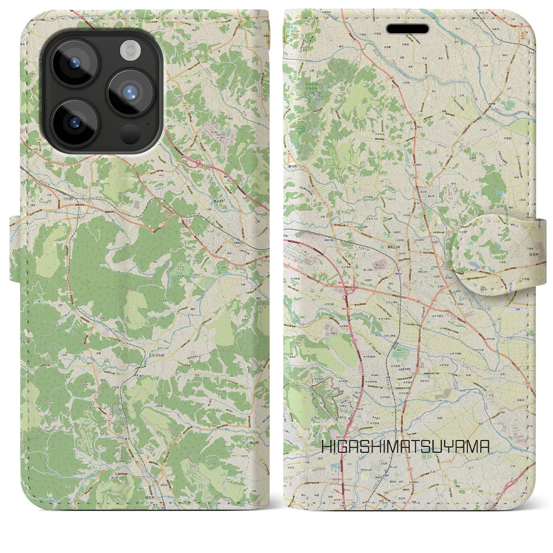 【東松山】地図柄iPhoneケース（手帳両面タイプ・ナチュラル）iPhone 15 Pro Max 用