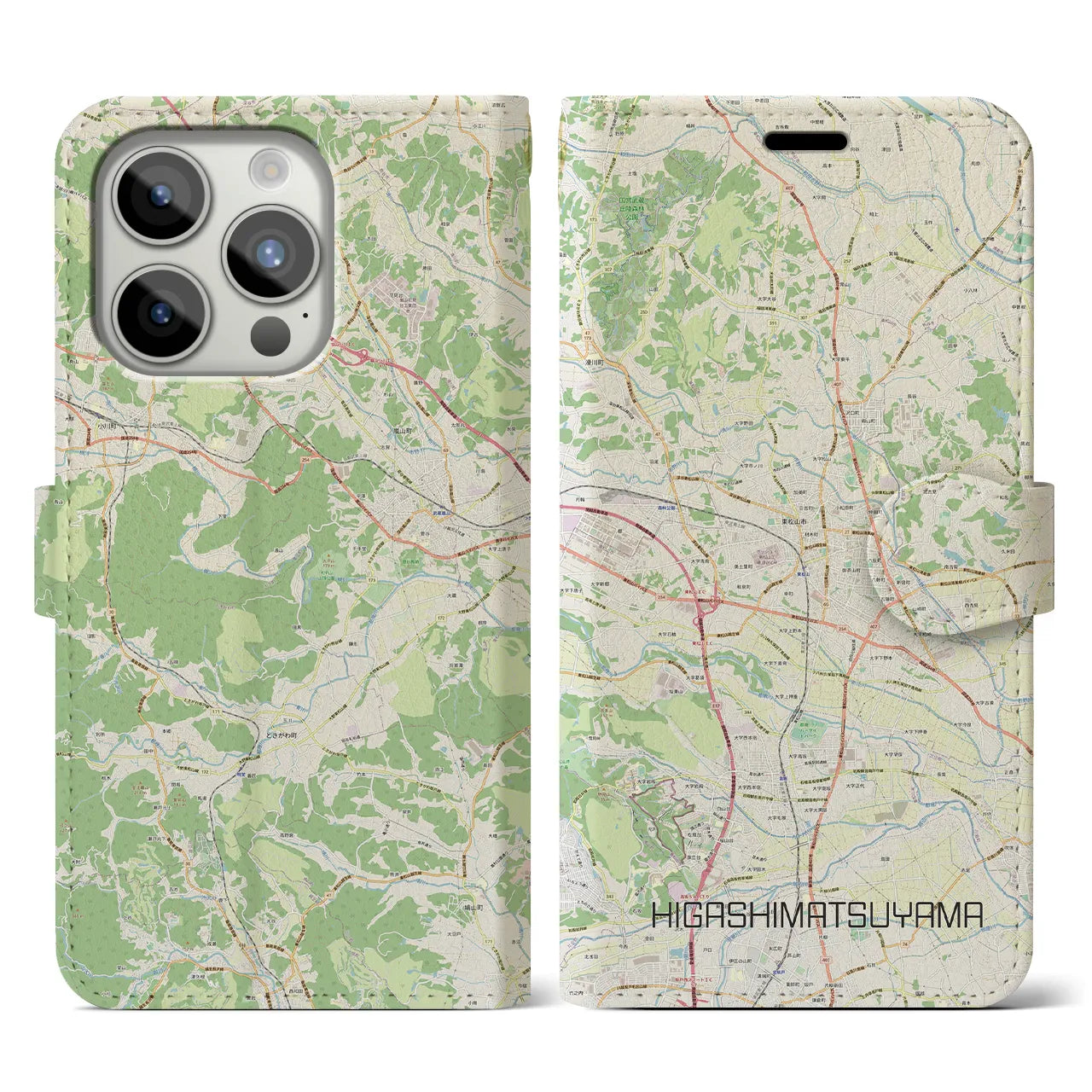 【東松山】地図柄iPhoneケース（手帳両面タイプ・ナチュラル）iPhone 15 Pro 用