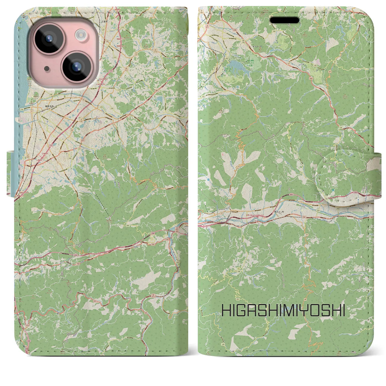 【東みよし】地図柄iPhoneケース（手帳両面タイプ・ナチュラル）iPhone 15 Plus 用