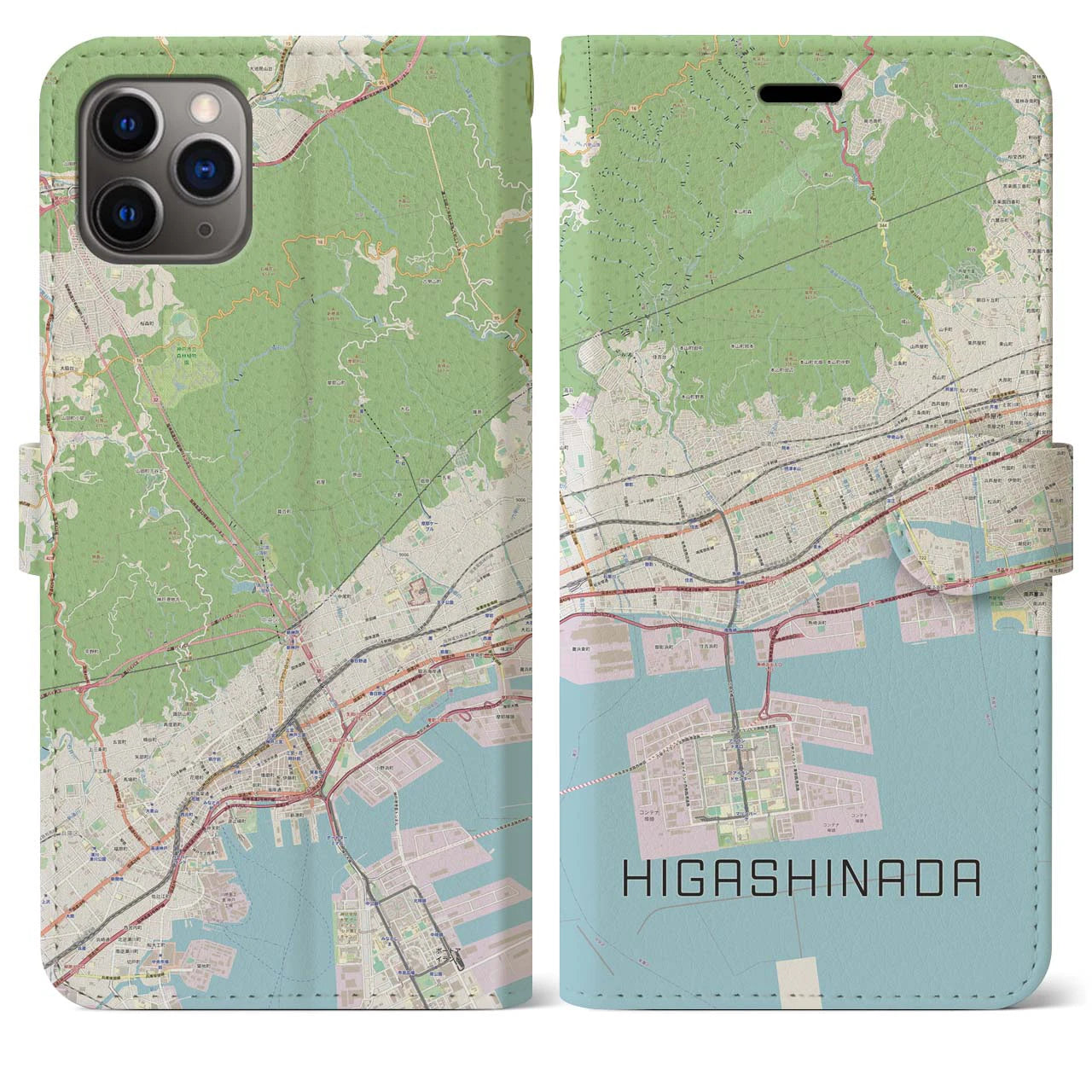 【東灘】地図柄iPhoneケース（手帳両面タイプ・ナチュラル）iPhone 11 Pro Max 用