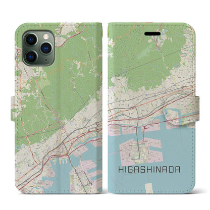 【東灘（兵庫県）】地図柄iPhoneケース（手帳タイプ）ナチュラル・iPhone 11 Pro 用