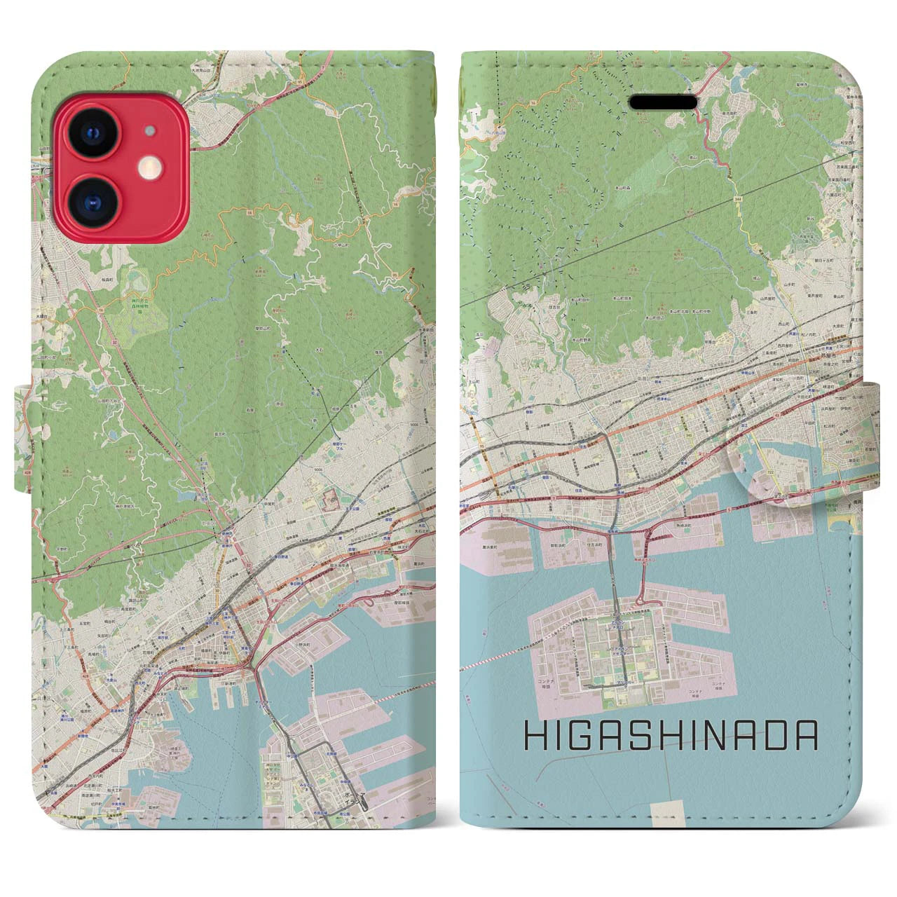 【東灘】地図柄iPhoneケース（手帳両面タイプ・ナチュラル）iPhone 11 用