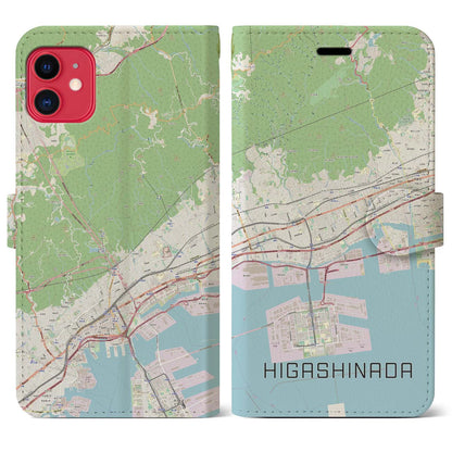 【東灘（兵庫県）】地図柄iPhoneケース（手帳タイプ）ナチュラル・iPhone 11 用