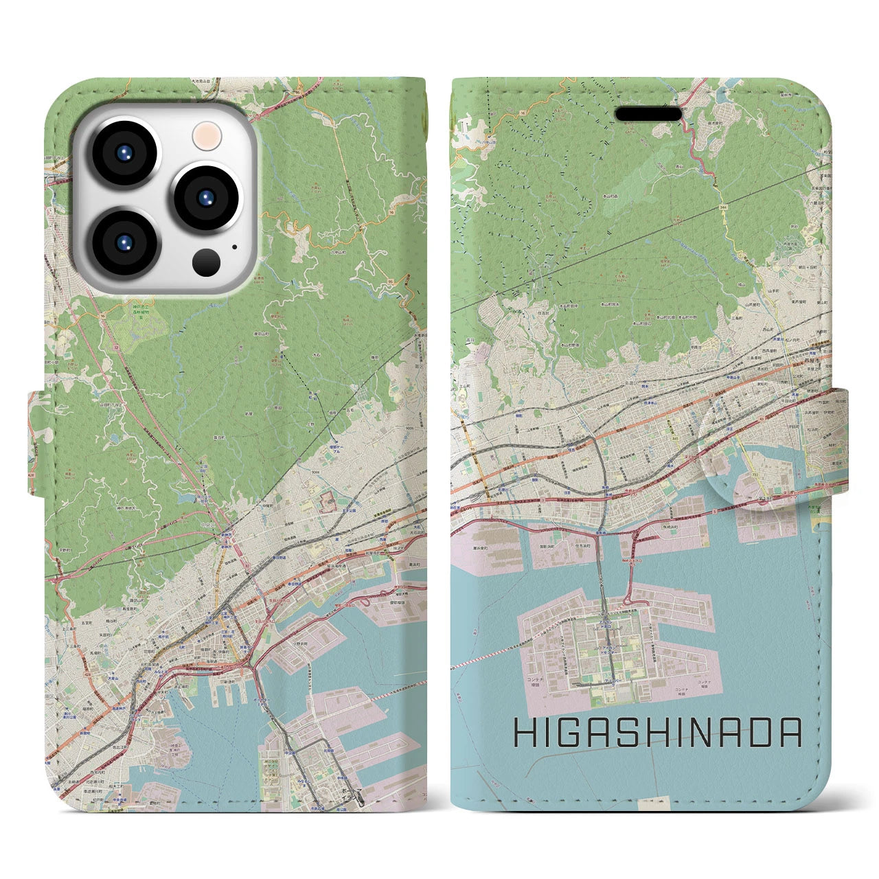 【東灘】地図柄iPhoneケース（手帳両面タイプ・ナチュラル）iPhone 13 Pro 用