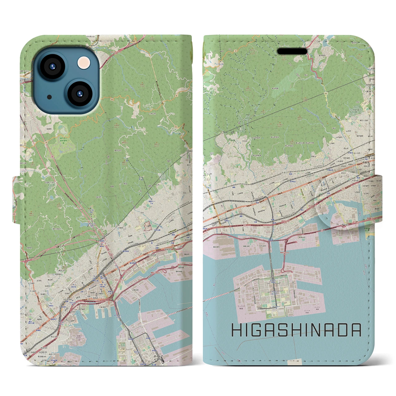 【東灘】地図柄iPhoneケース（手帳両面タイプ・ナチュラル）iPhone 13 用